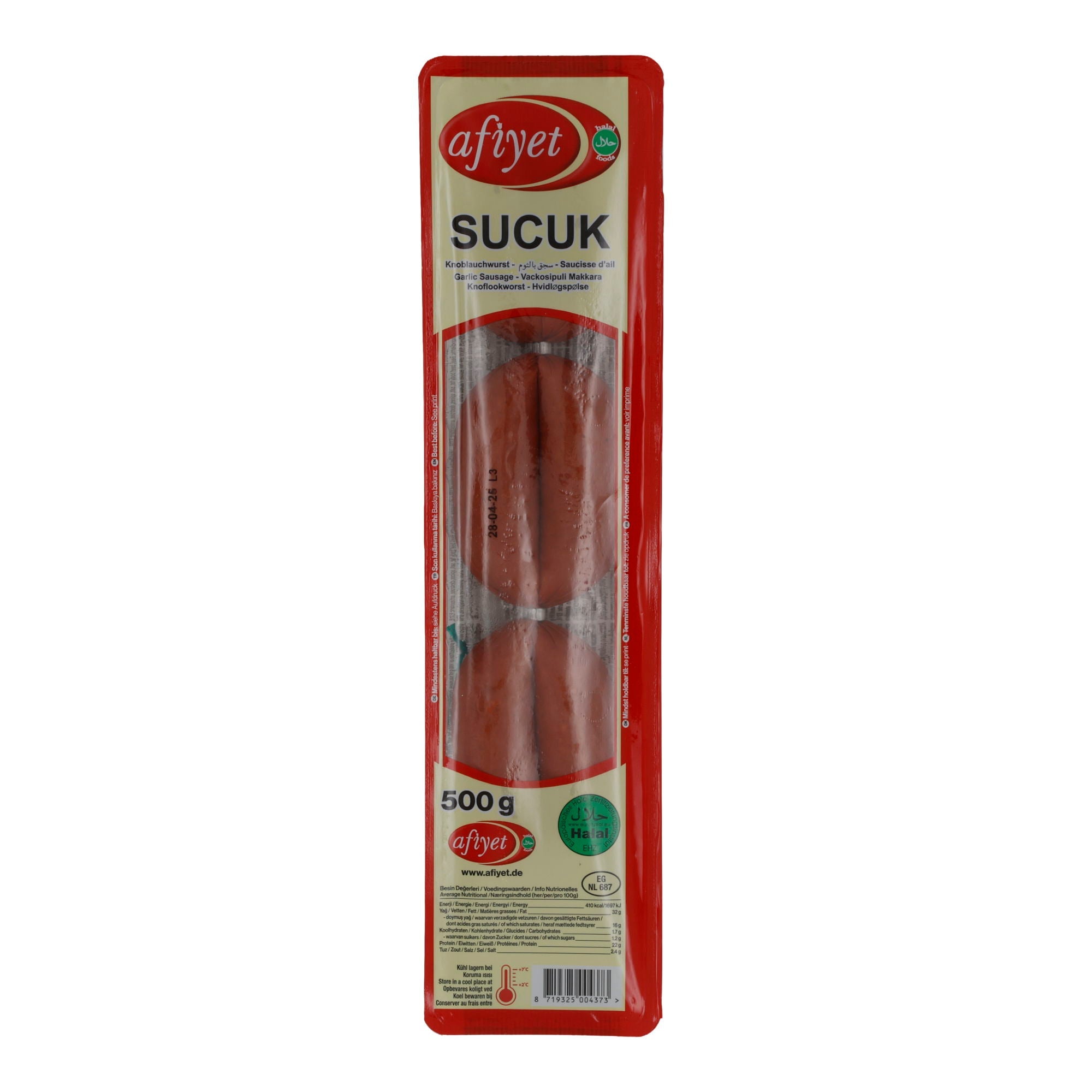 Knoblauchwurst Afiyet Sucuk | Halal | Aus Rindfleisch | 500 g AFIYET